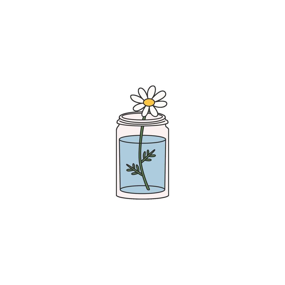 An icon of a white daisy with a yellow center and green leaves in a clear mason jar filled with blue liquid, symbolizing simplicity, freshness, rustic charm, and natural beauty. vector
