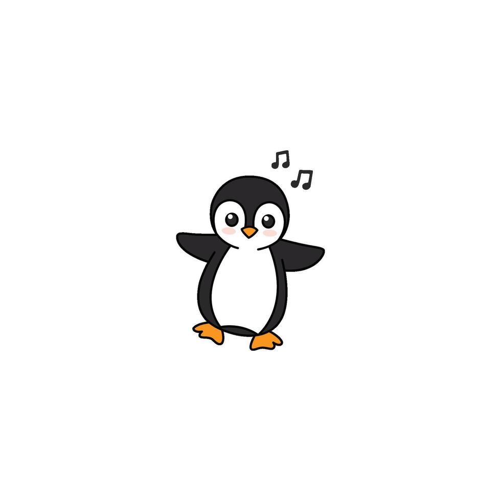 An icon of a cute cartoon penguin with musical notes floating around its head, suggesting it is singing, enjoying music, or being melodious. vector