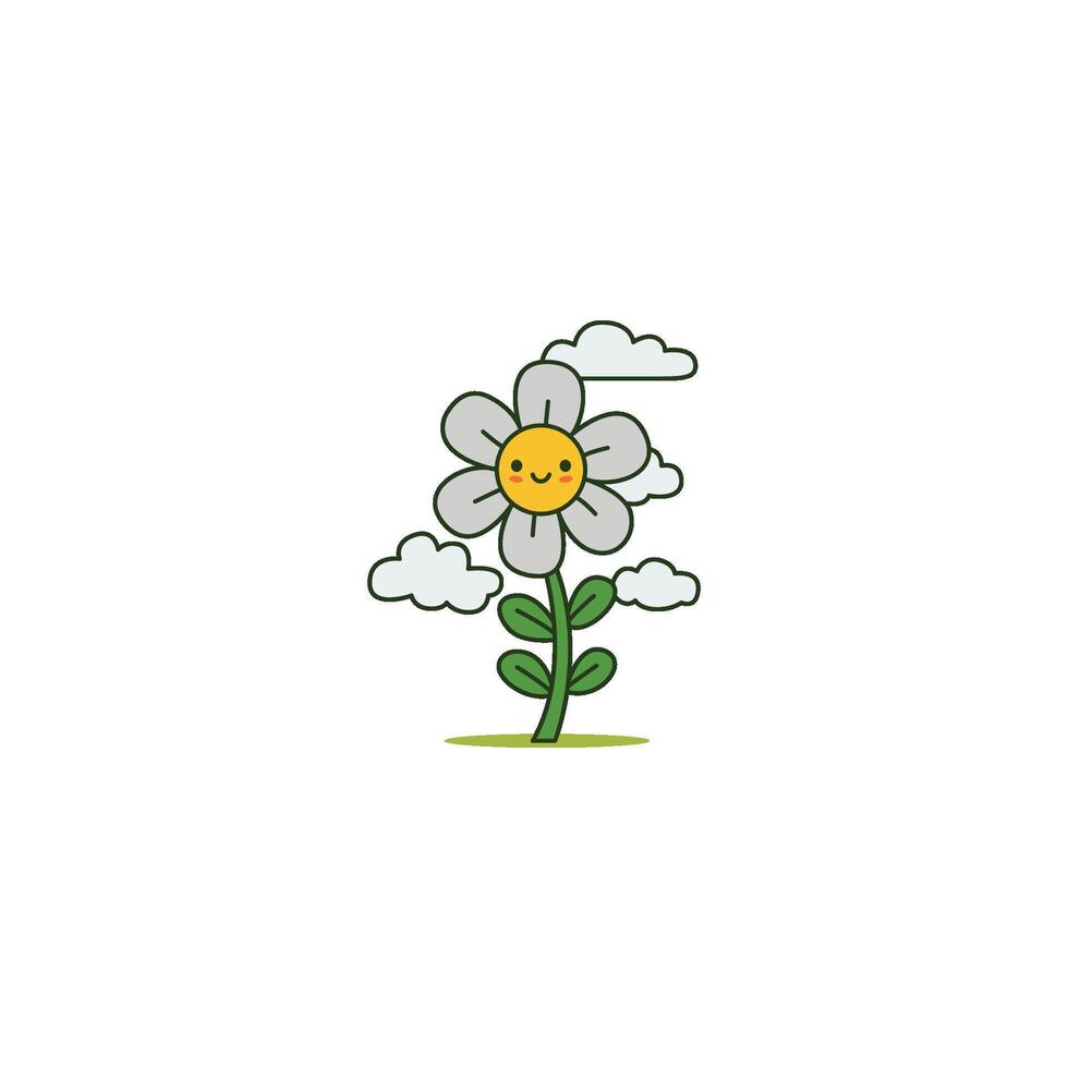 An icon of a light gray flower with clouds around it and a pensive face, symbolizing cloudy weather, calm days, and perhaps a moment of contemplation. vector