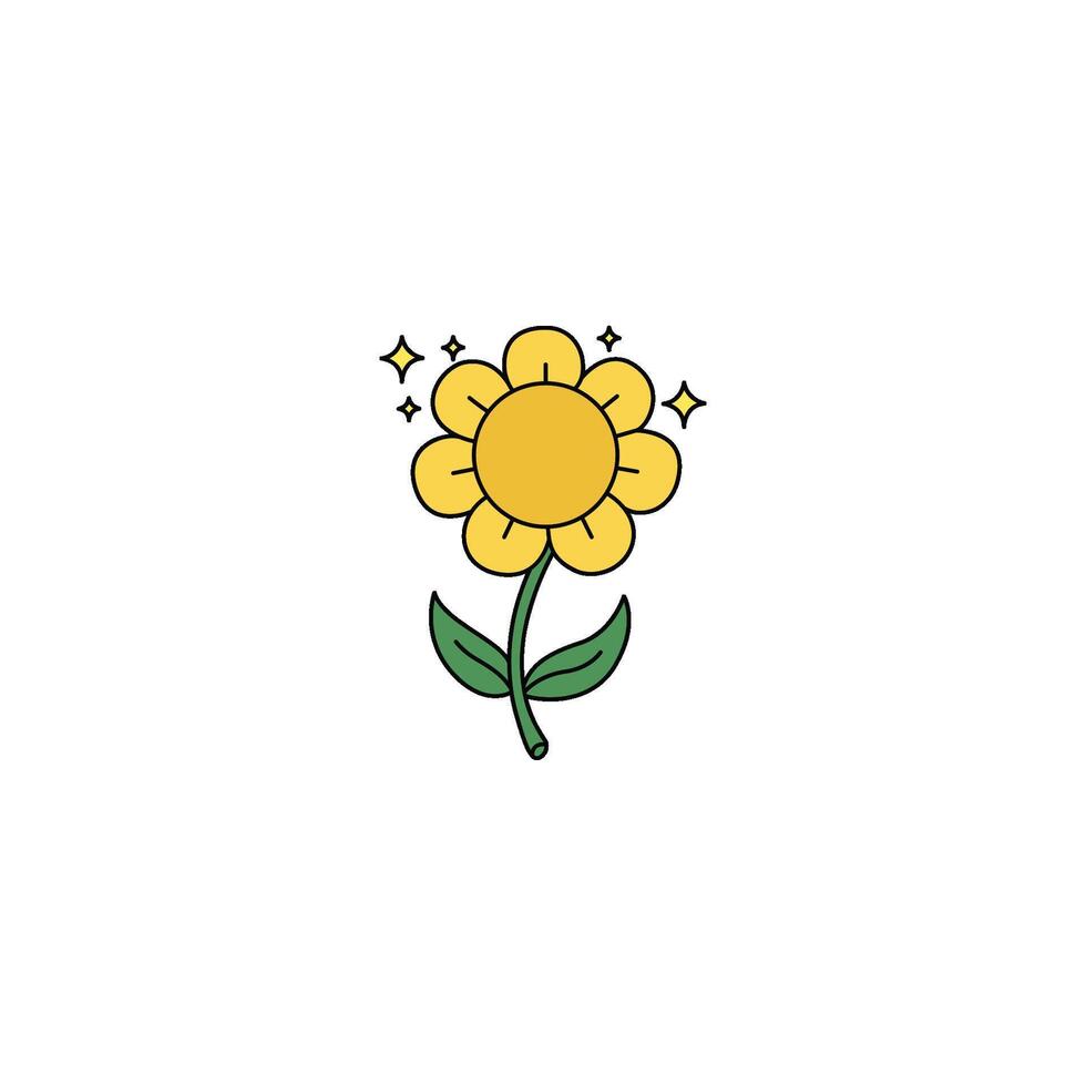 An icon of a yellow flower with a smiling face and four sparkles around it, symbolizing joy, radiance, happiness, and a glowing presence. vector