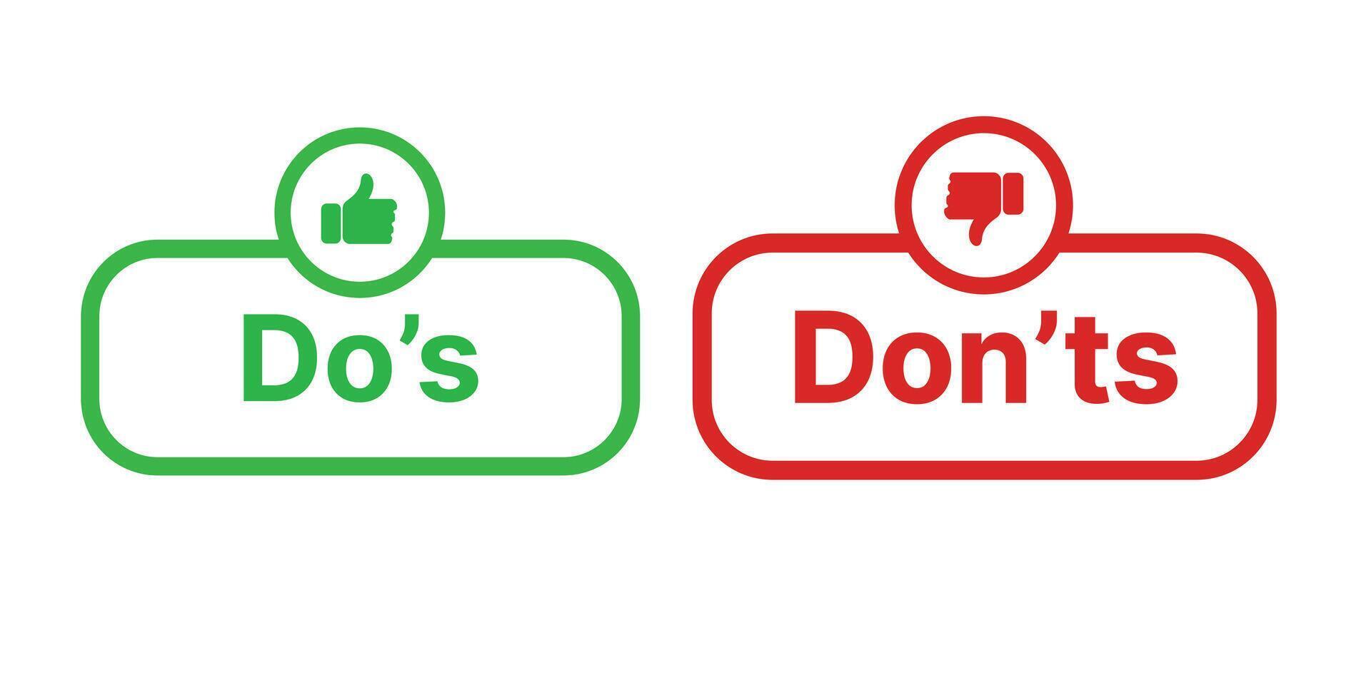 do's and don'ts icon. to do and not to do symbol for guidelines and rules list. buttons with thumbs up and thumbs down sign. vector