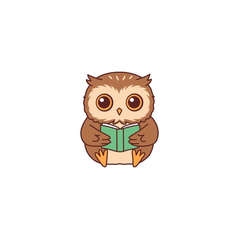 An icon of a cute cartoon owl sitting and reading an open book, symbolizing intelligence, learning, and a love for knowledge. vector