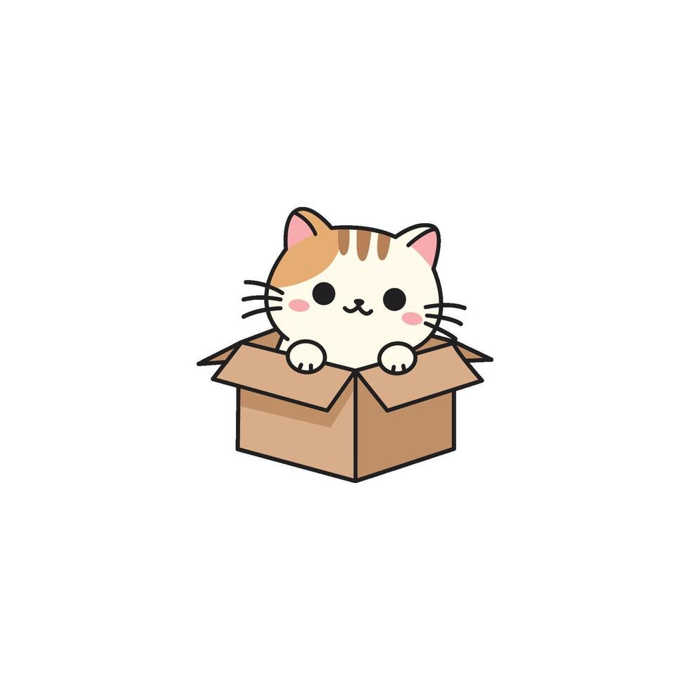 An icon of a white and orange striped cartoon cat peeking out of a cardboard box, symbolizing curiosity, playfulness, and comfort in small spaces. vector