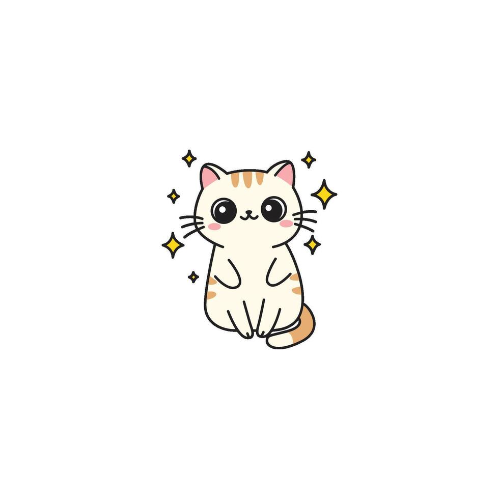 An icon of a white and orange striped cartoon cat sitting with sparkling stars around it, symbolizing magic, wonder, and enchantment. vector