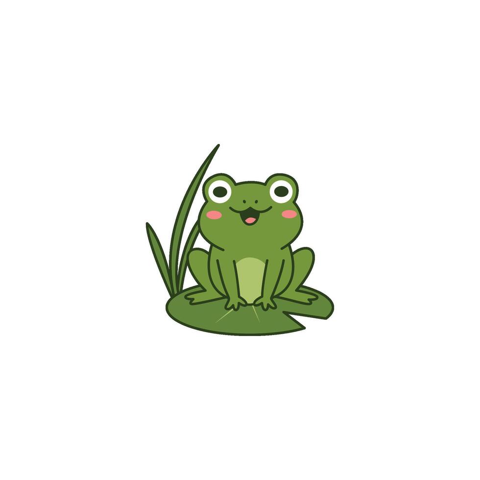 An icon of a cute cartoon frog with big eyes, sitting on a lily pad with reeds, symbolizing its natural wetland habitat and peacefulness. vector