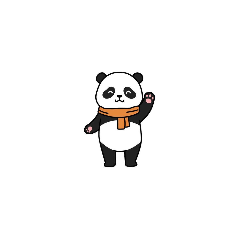 An icon of a cute cartoon panda standing and waving, wearing an orange scarf, symbolizing a friendly greeting and a touch of warmth or fashion. vector