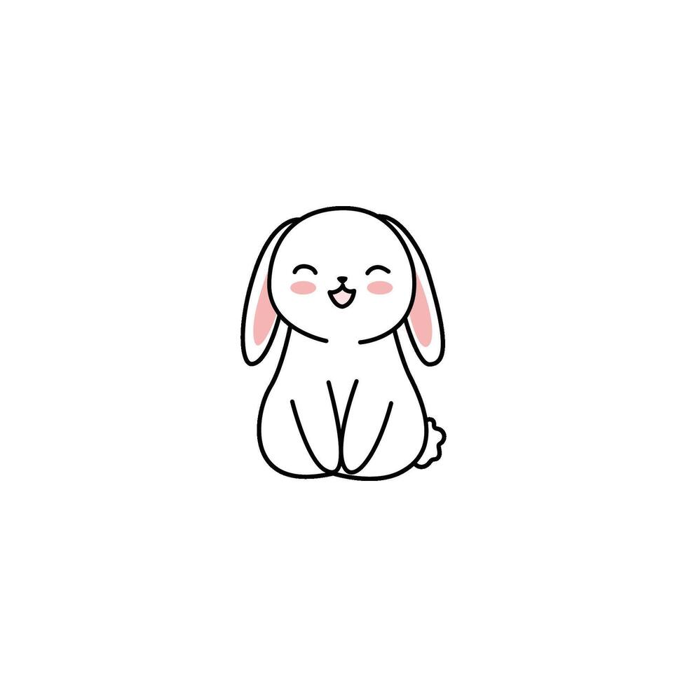 An icon of a cute white cartoon rabbit sitting with its ears slightly lowered and a bashful expression, suggesting shyness, modesty, or innocence. vector