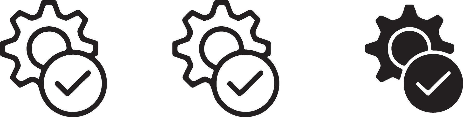 Settings Gear with Check Mark Icon in Three Styles vector