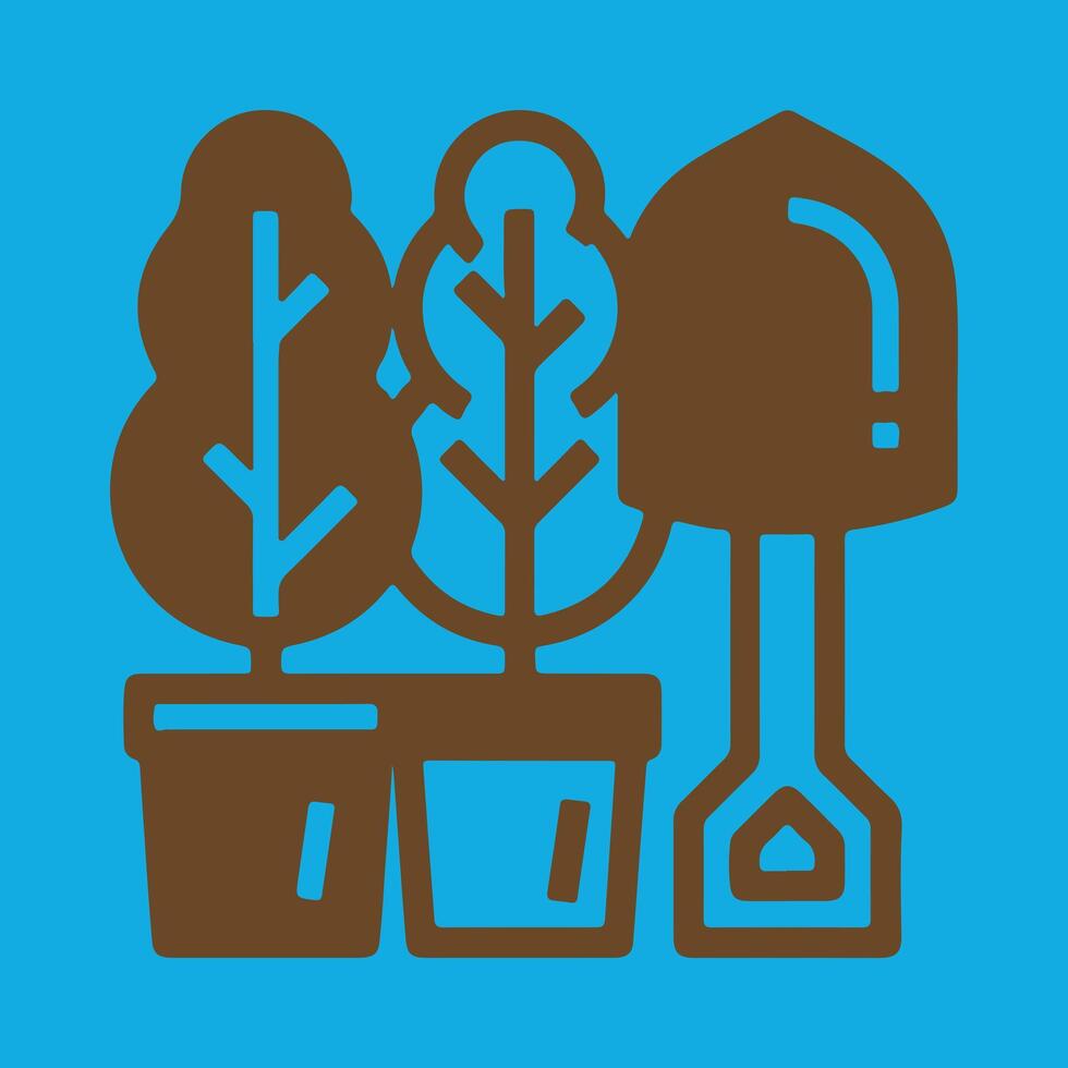 Potted Trees and Garden Shovel Icon on Blue Background vector