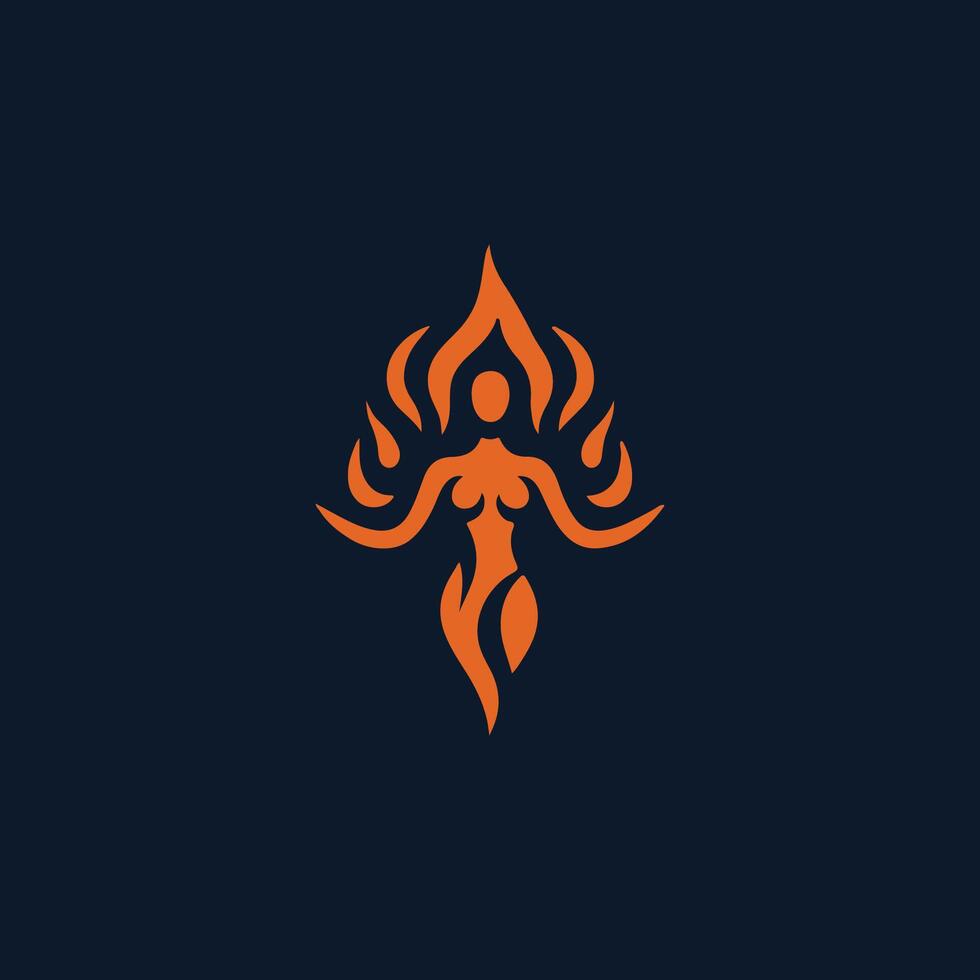 a woman with flames on her back in an orange and black logo vector