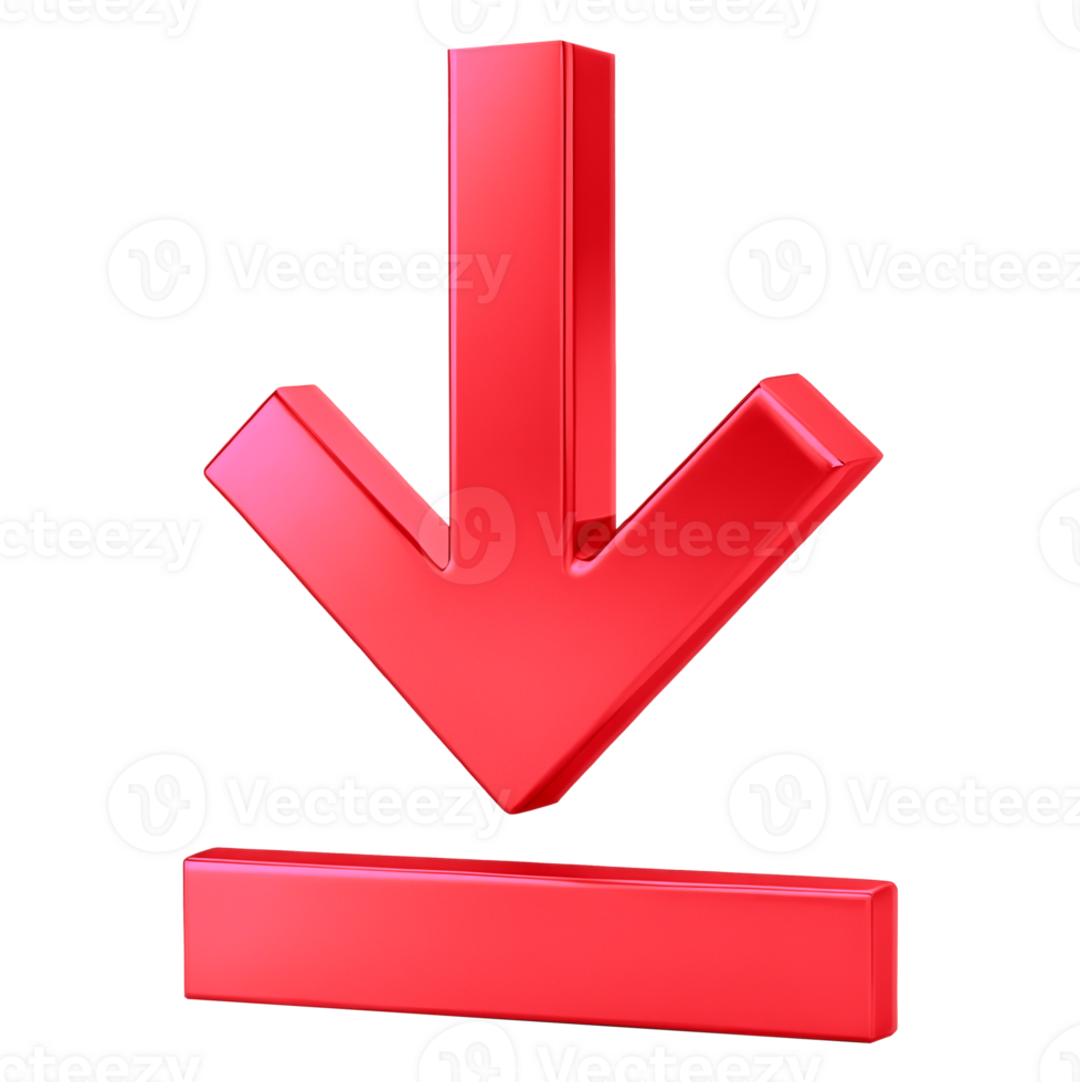 A 3D red download arrow hovers above a red line on a transparent background. png
