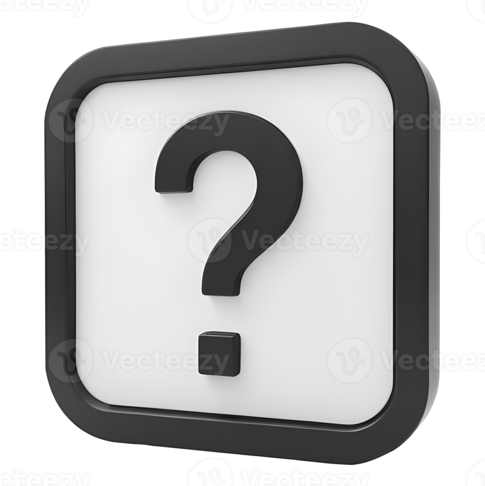A glossy, black-framed white square contains a black question mark png