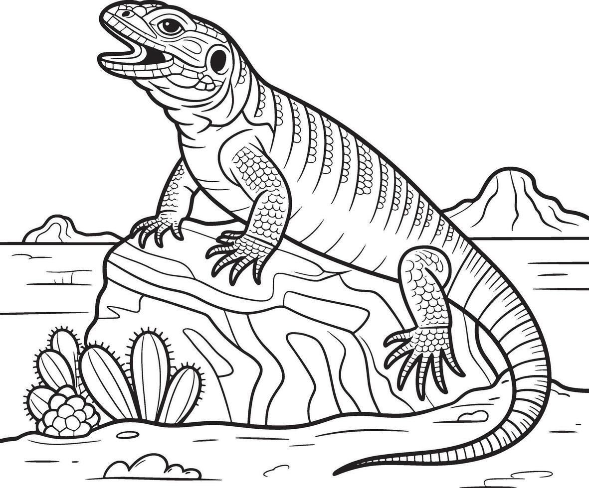 Uromastyx aegyptia sanda in desert line art vector