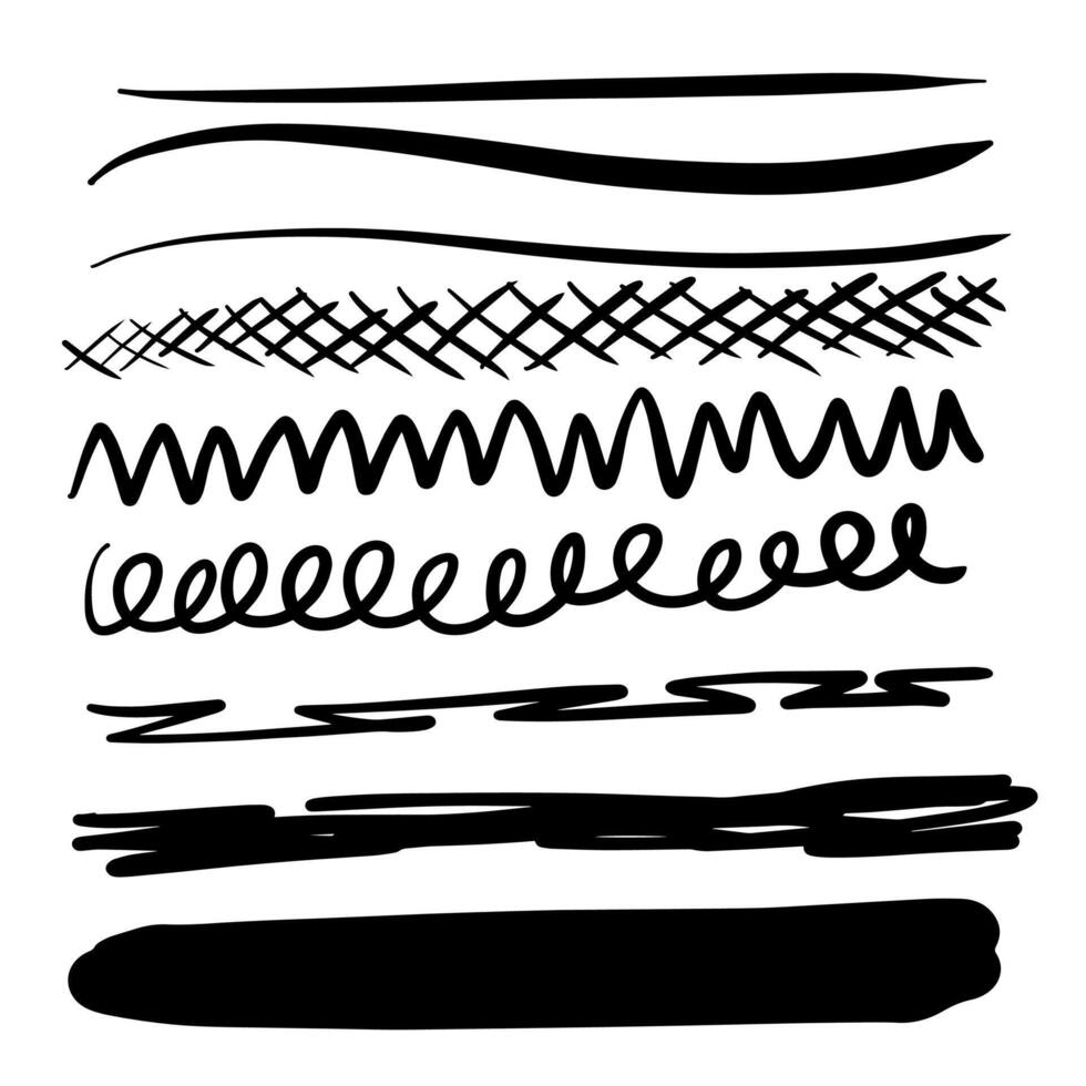 Set of artistic pen brushes. Hand drawn grunge strokes. Doodle lines, various dividers vector