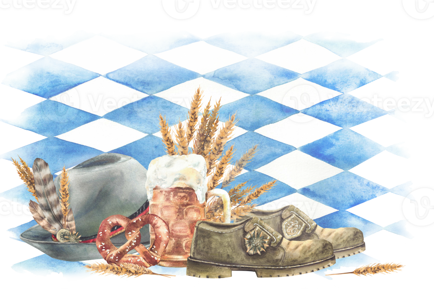 Food, drink and traditional clothing at Oktoberfest on background of Bavarian blue rhombuses flag. Watercolor painted mug of beer with pretzel, hat and shoe with spikes of malt Isolated banner, poster png
