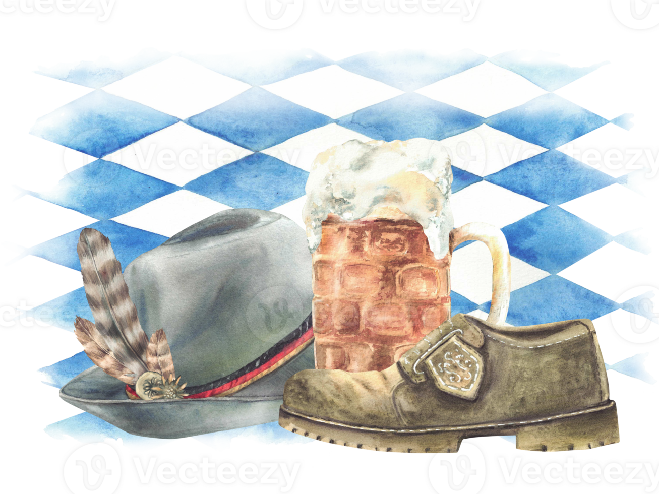 Mug of beer with Germany hat and shoe on background of Bavarian blue rhombuses flag. Traditional drink with clothes at Oktoberfest festival. Watercolor hand drawn illustration isolated poster, banner png