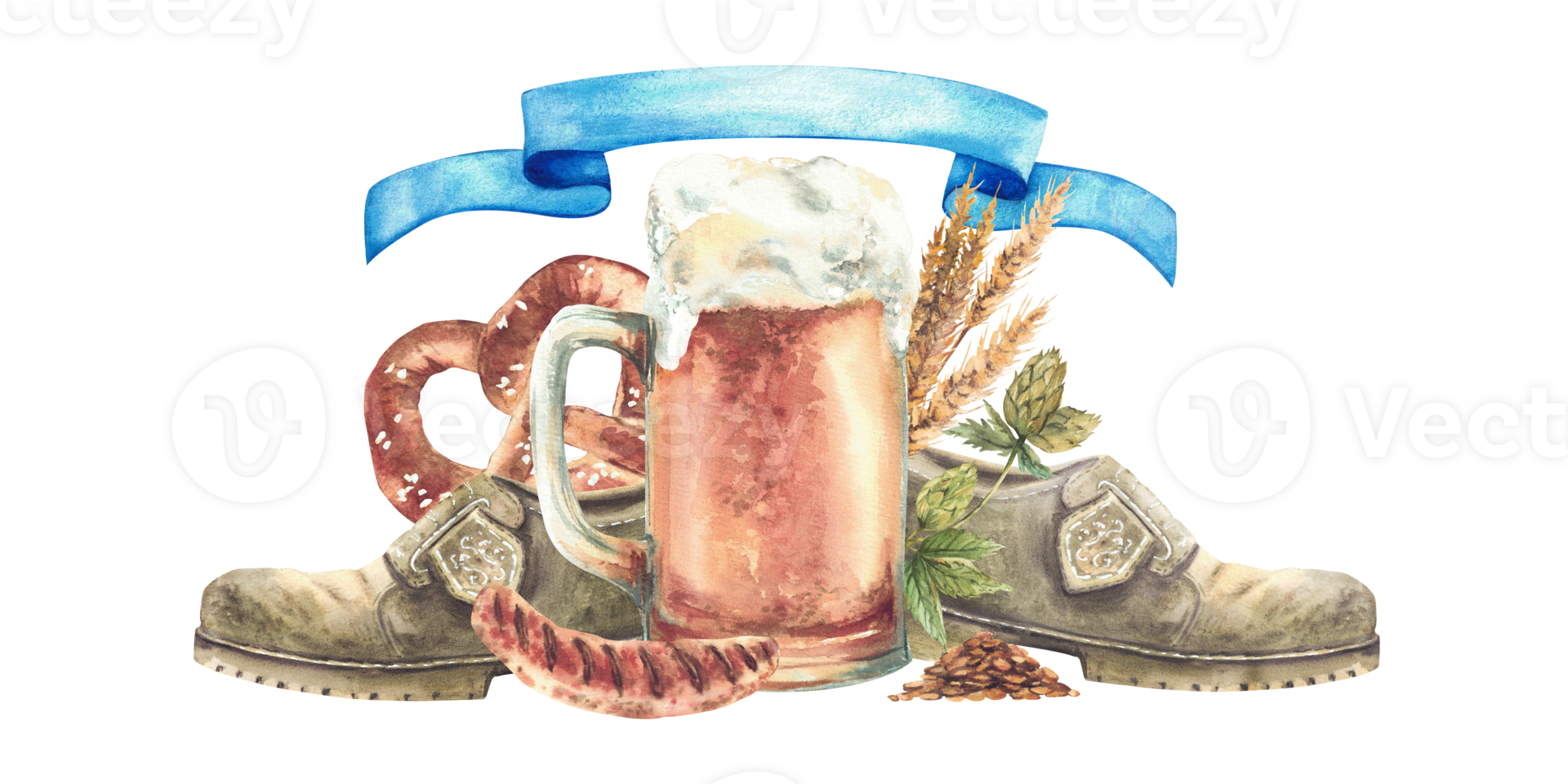 Oktoberfest clipart. Beer mug with traditional Bavarian hat, boots, German pretzel and grilled sausage on a background of natural malt, hops with blue ribbon. Watercolor painted isolated illustration png