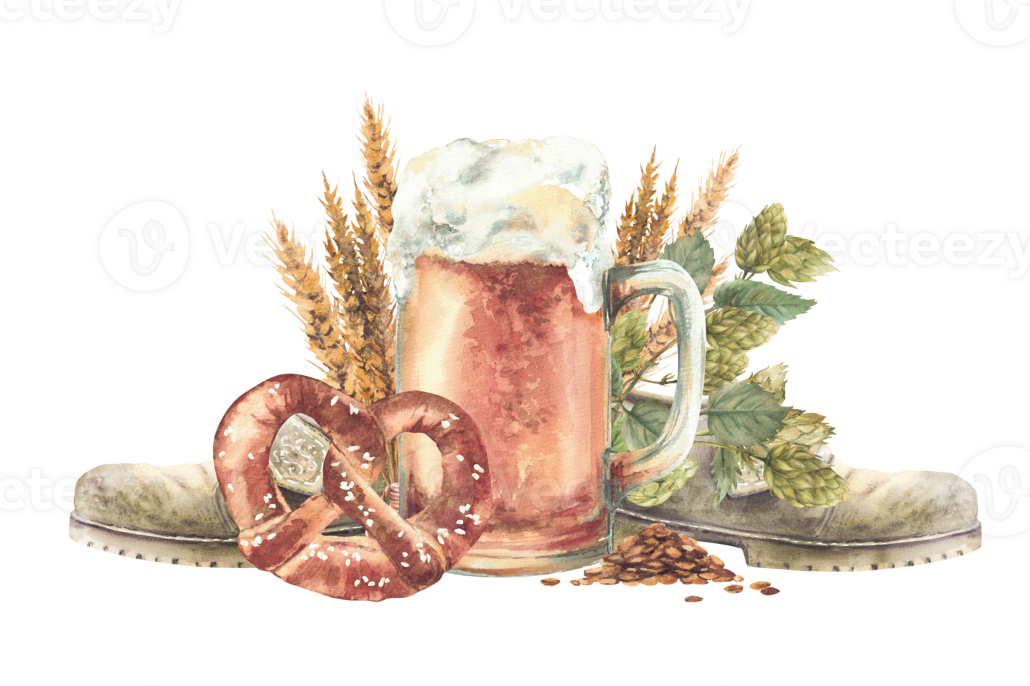 Germany light beer mug with traditional salted pretzel and Bavarian boots on hops and spikes of malt background. Oktoberfest realistic hand drawn watercolor for beer label, menu Isolated clipart png