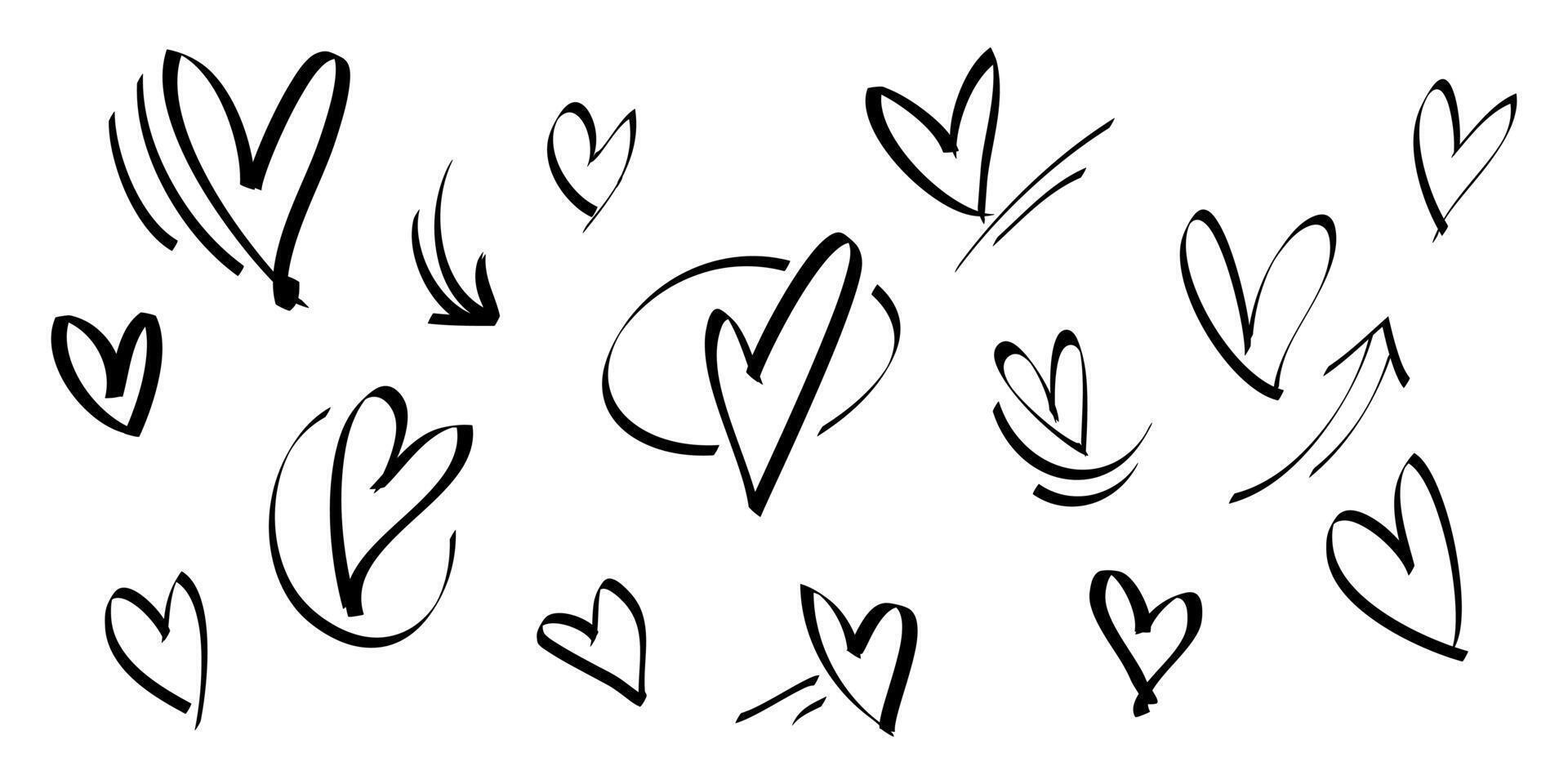 Doodle hearts on set, hand drawn style love symbol vector