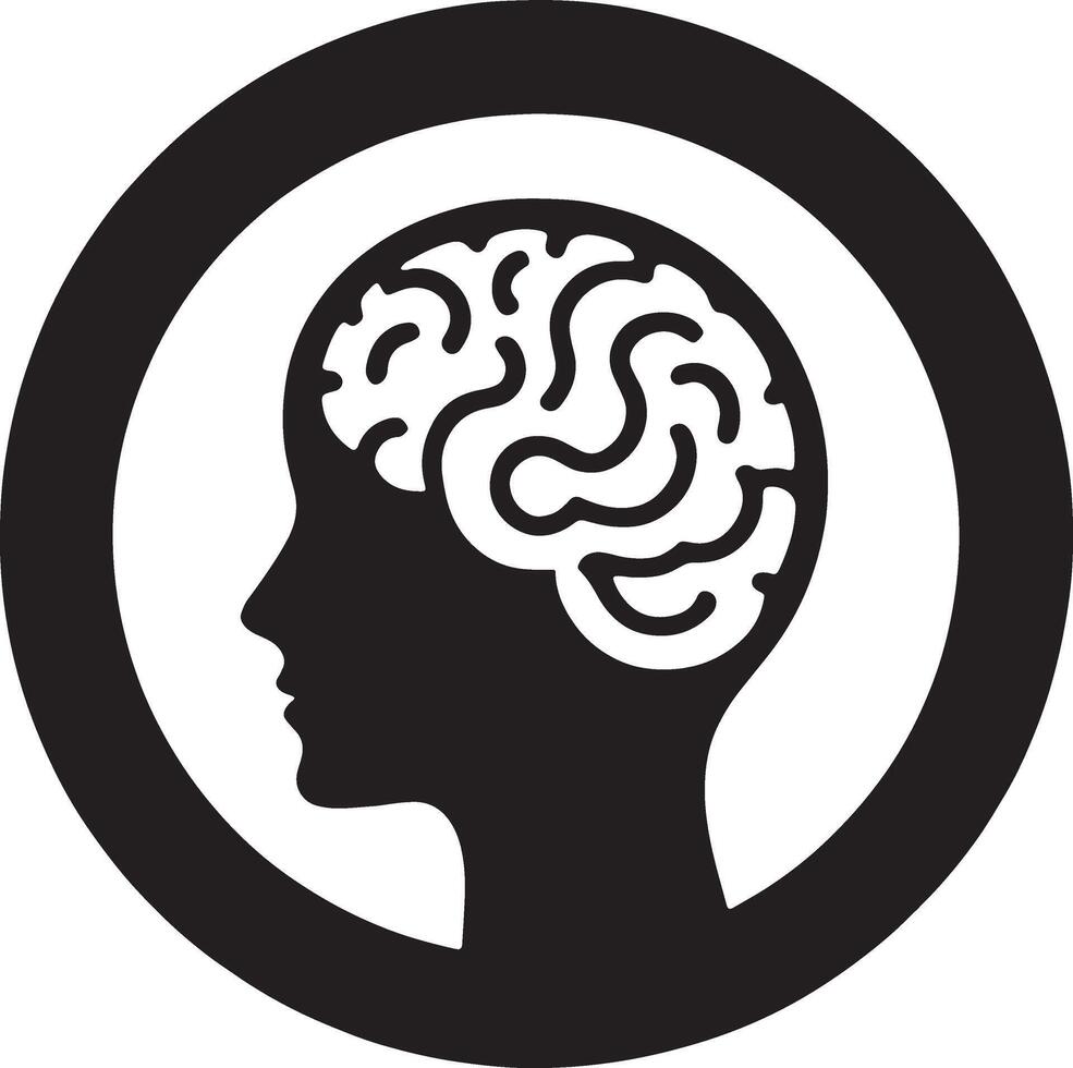 A black and white silhouette of a human head with a brain in it vector