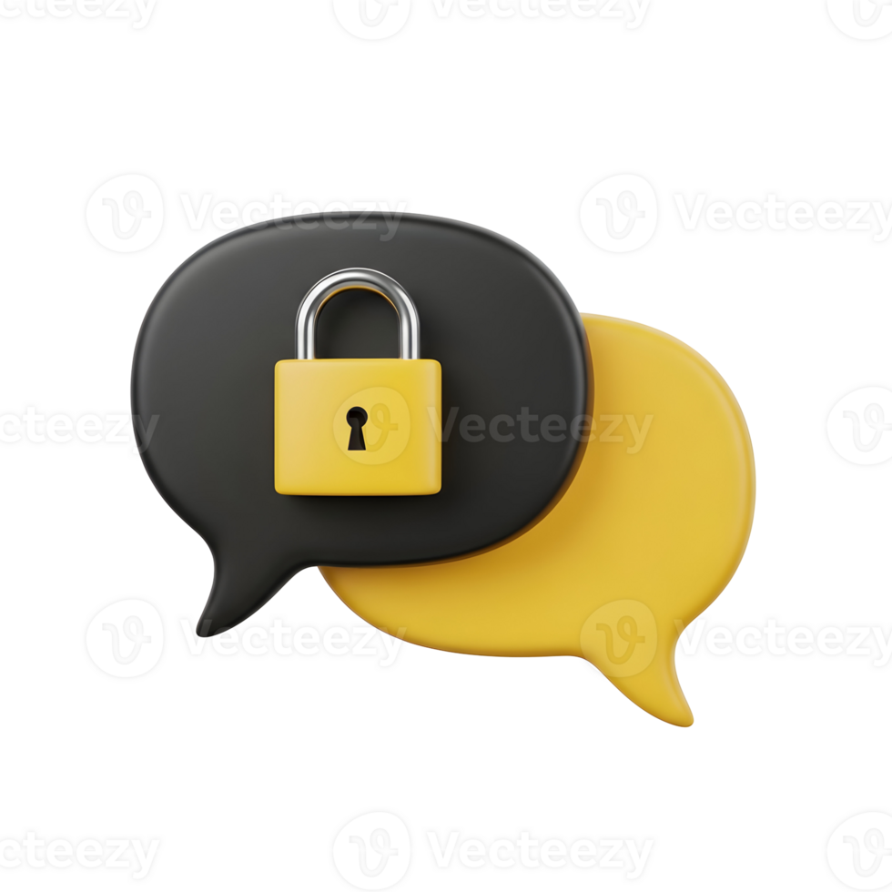 Two speech bubbles with a yellow padlock on the black one indicating secure communication online chat png