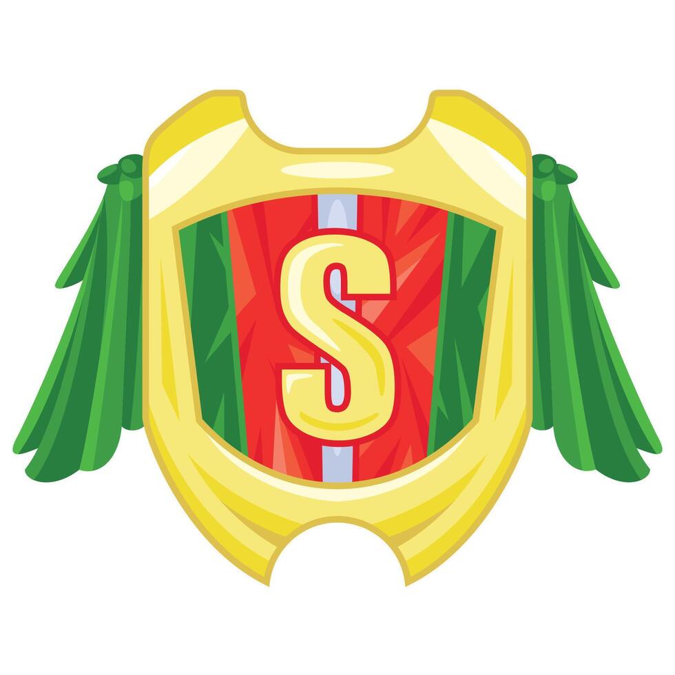 Heraldry design template. Knight's shield with a red and green flag, S letter and green drapery on the sides. Golden shield icon, cartoon style vector