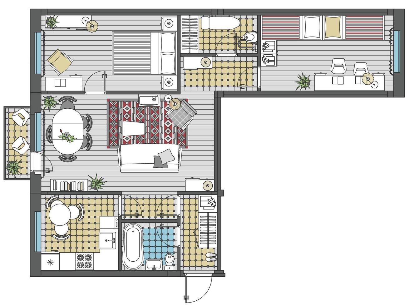 Three-room apartment in top view. Floor plan with furniture placement. The interior design project. Architectural plan of russian standard khrushchevka. Home with kitchen and bedroom vector