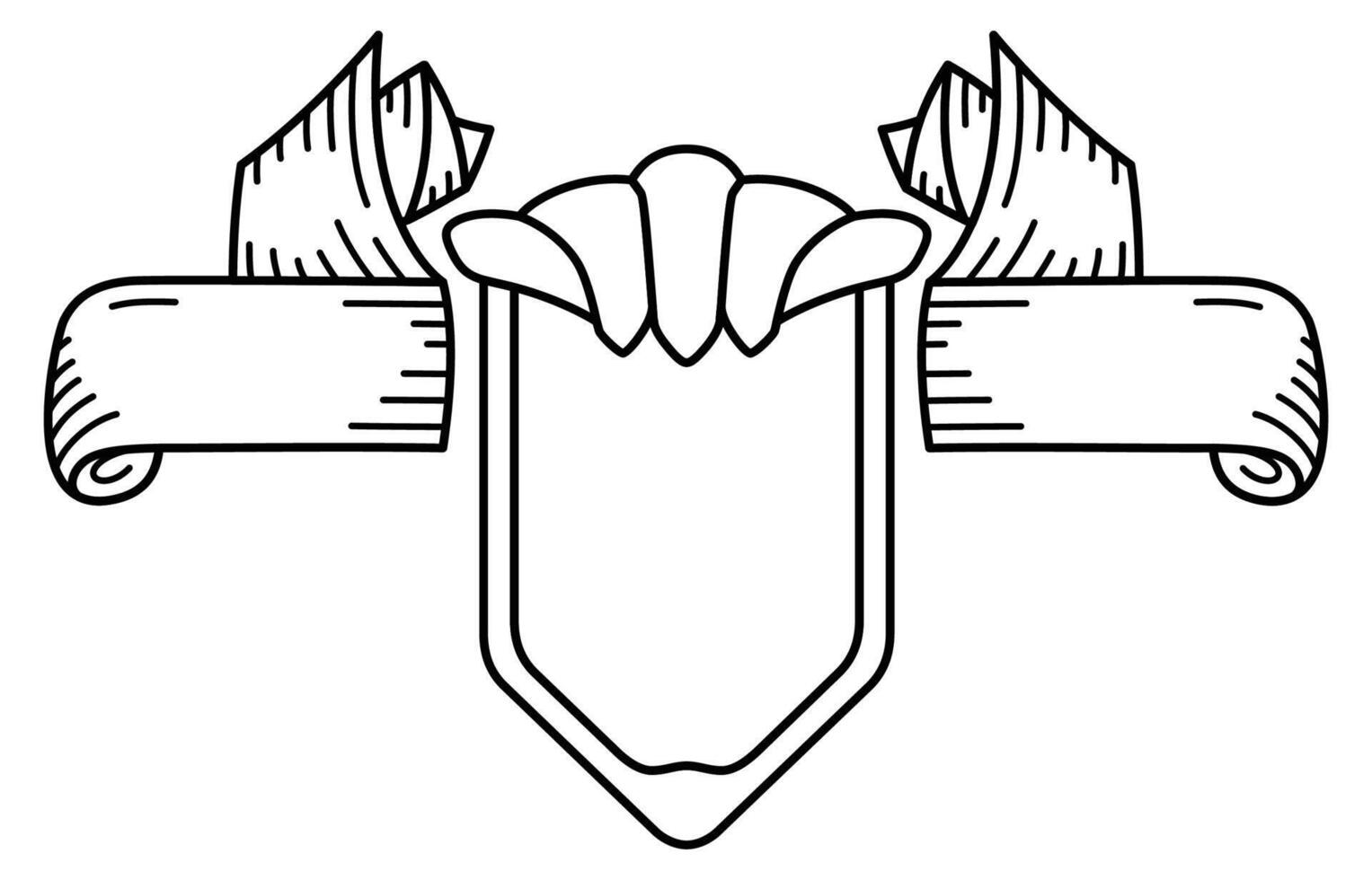 Knight's shield with ribbon on the sides. Line icon in heraldic style. Security protection emblem empty banner. Black and white outline of the icon vector