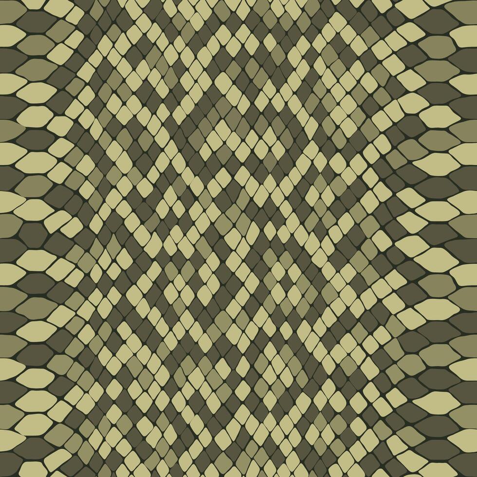 Khaki green snake skin, reptile camouflage pattern for fabric design. Animal print, seamless python flake texture. Abstract background vector