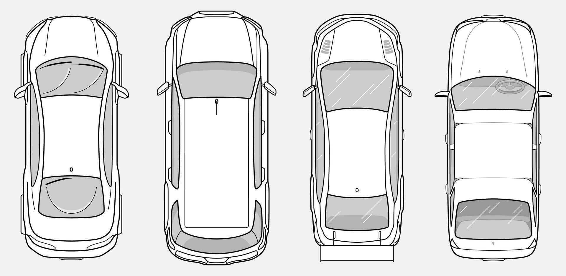 Set of model car sedan in top view. Taxi and ambulance car. Vehicles for planing architectural entourage. City transport in above view. Automotive collection vector