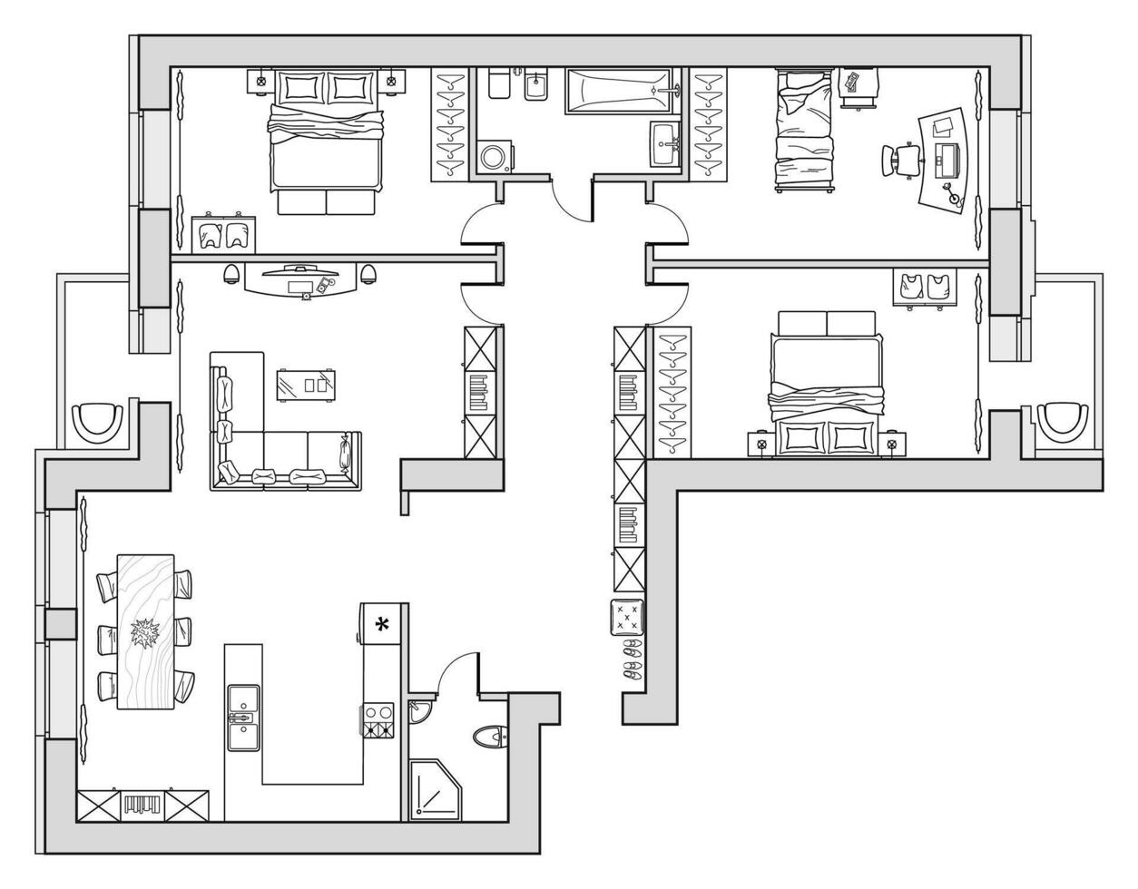 Architectural set of furniture. Design elements for floor plan, premises. Thin lines icons of home equipment, tables, sofa, flowers in top view. Standard size. vector