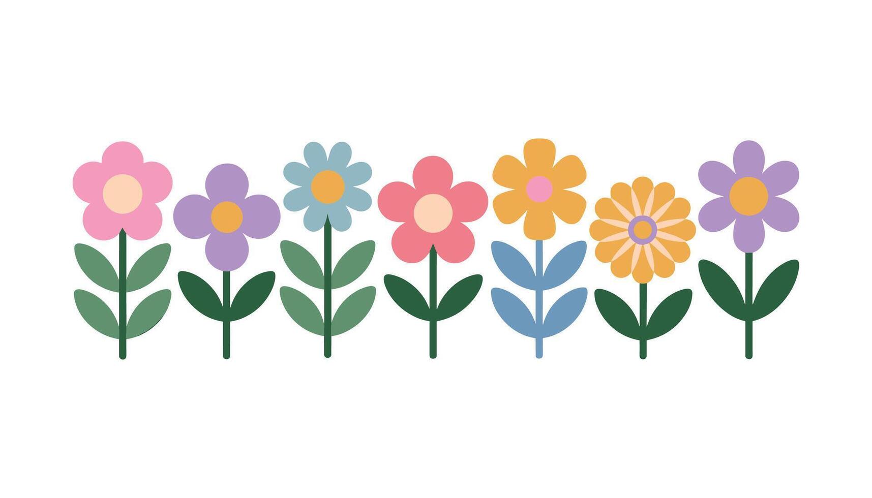 Colorful Flat Floral Illustration Cute Spring Flowers in Row Design vector