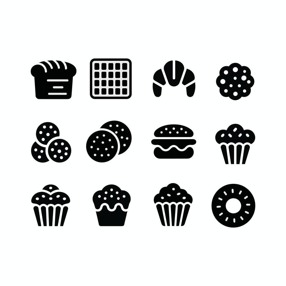 Set of Bakery and Pastry Icons Bread, Muffins, Cookies, Donuts, Waffles, and Croissants in Black Silhouette Style vector