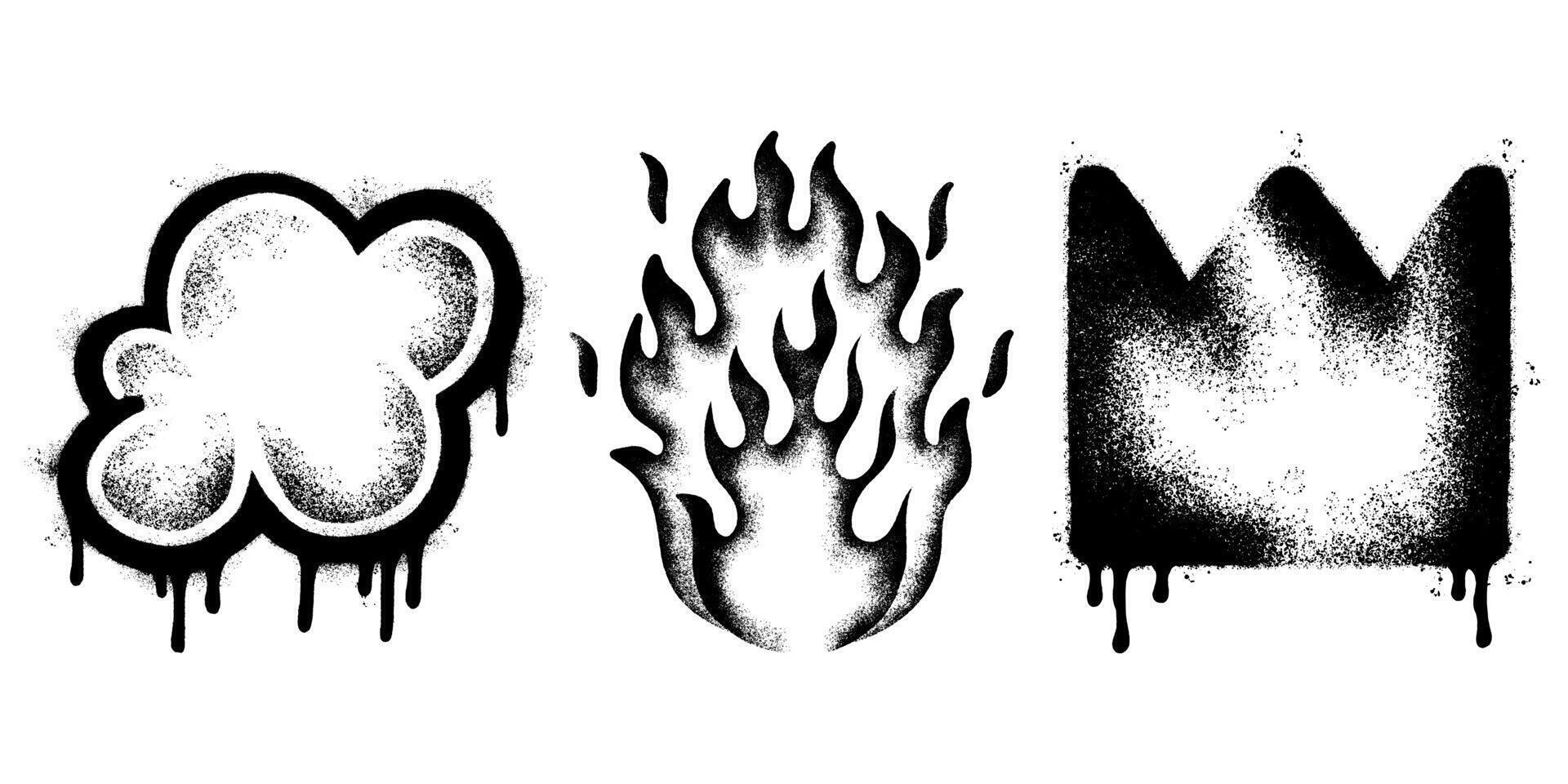 Graffiti Spray Icons Collection. Cloud, Flame, Crown in Black and White Street Art Style vector