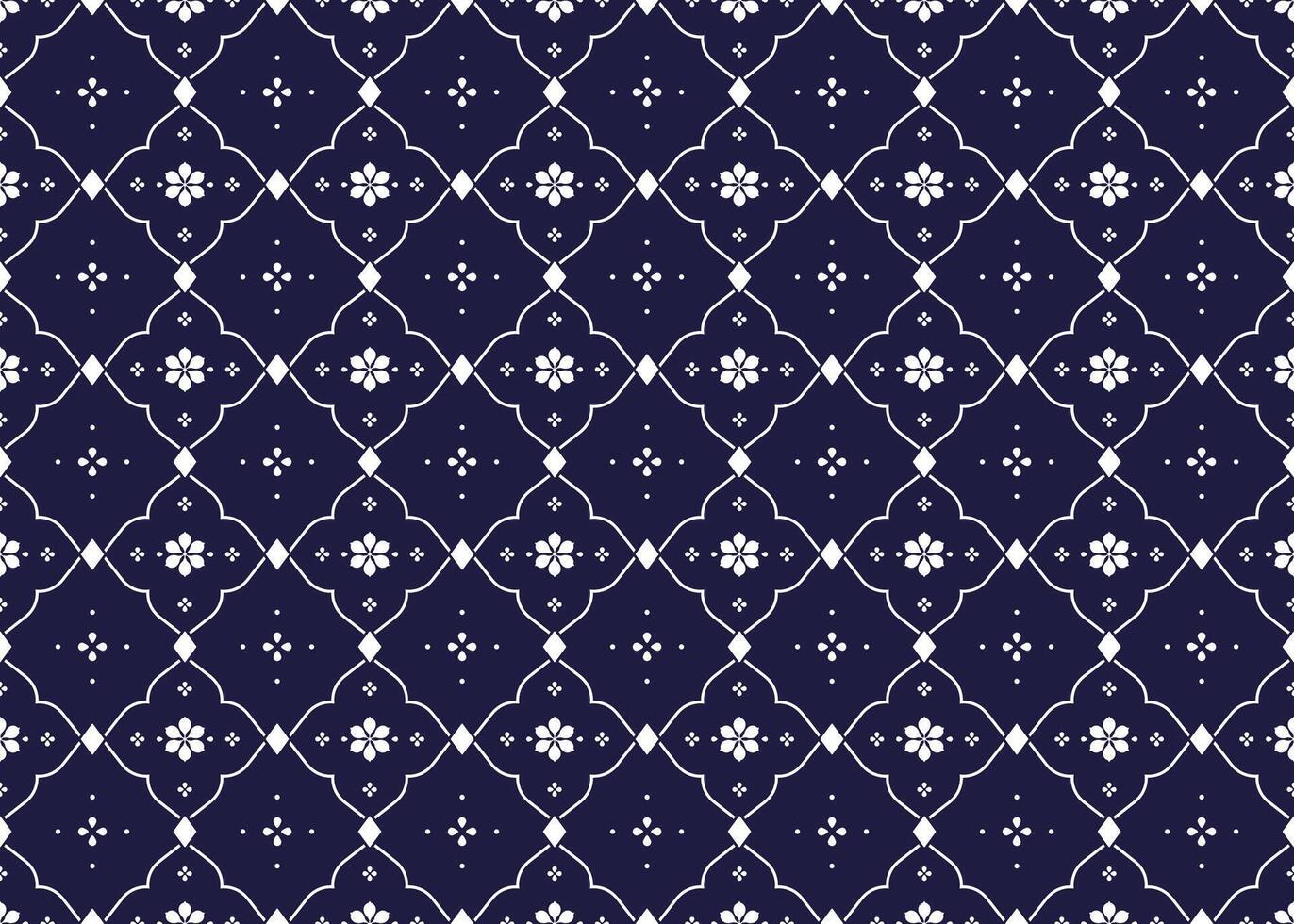 Seamless white floral blooming on dark blue background, ethnic fabric pattern, Portuguese style, luxury design for cloth, carpet, batik, wallpaper vector