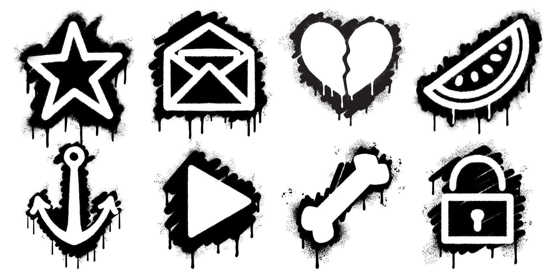 Graffiti Style Black and White Icon Set with Dripping Spray Paint Effect. The icons include a star, envelope, broken heart, watermelon slice, anchor, play button, bone, and padlock. vector
