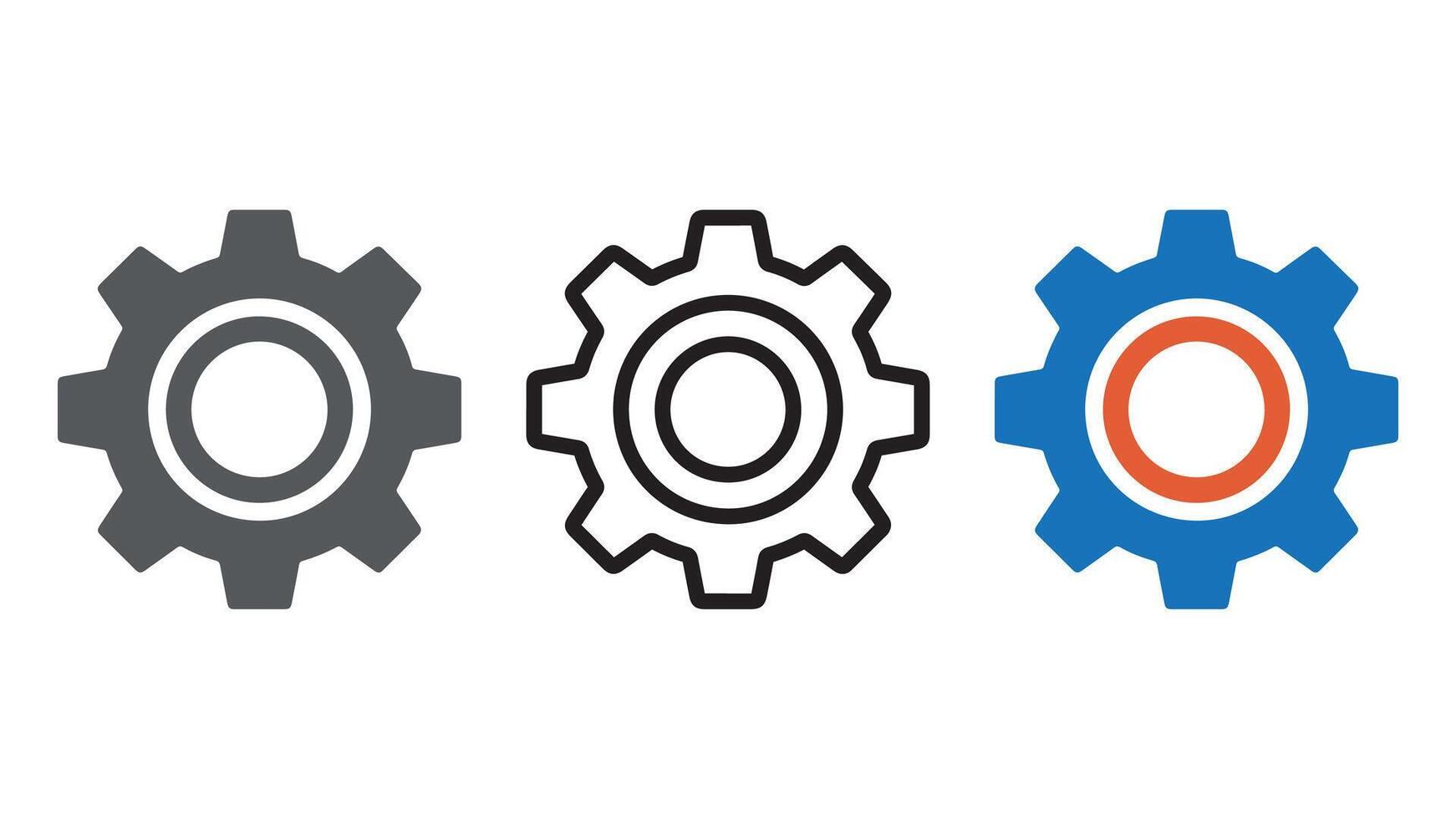 Three stylized gear icons in grey black and blue with white backgrounds vector