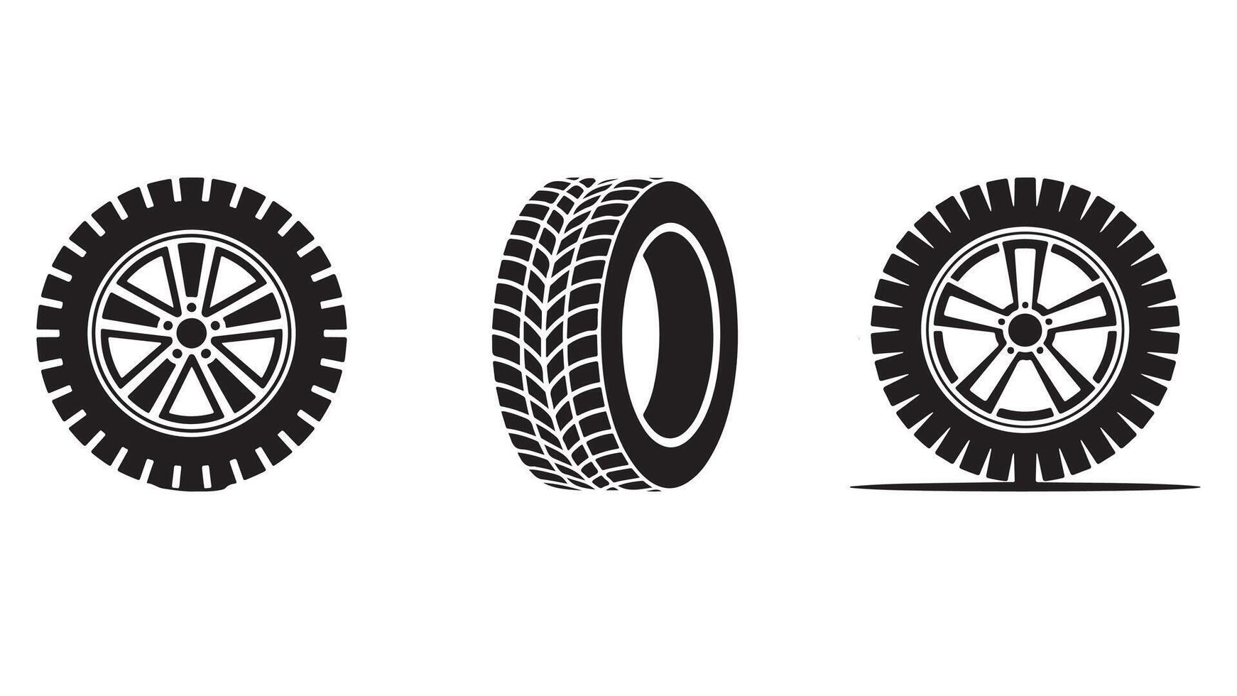 Set of three black and white icons representing car tires and wheels vector
