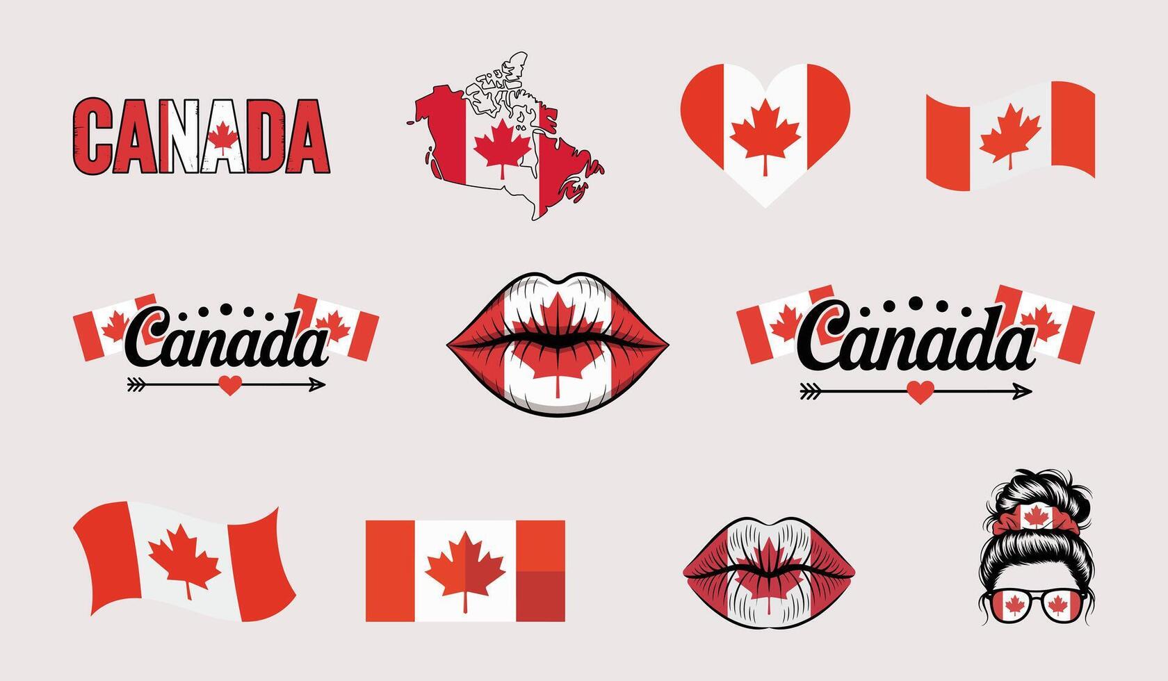 Collection of Canadian Patriotic Symbols with Solid Background. vector