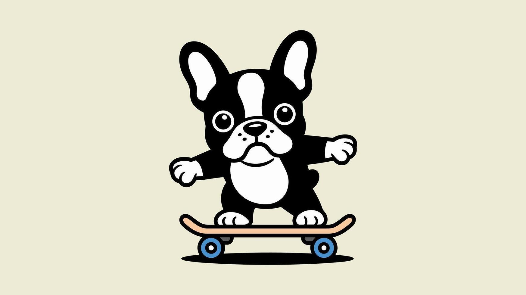 Cute Boston Terrier Cartoon Riding a Skateboard With Solid Background. vector