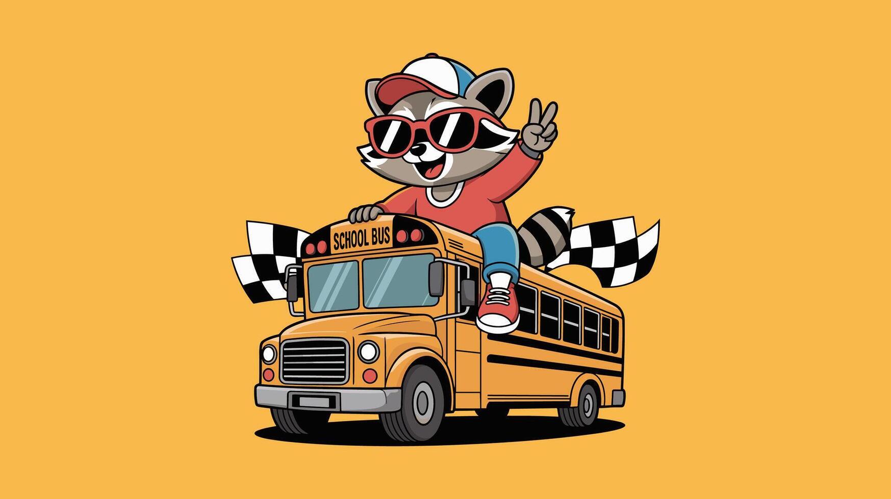 Cute Cartoon Raccoon Student on School Bus for Back to School With Solid Background vector