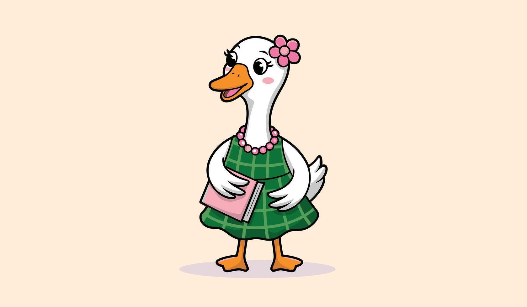 Adorable Cartoon Female Goose Student with Book and Flower vector