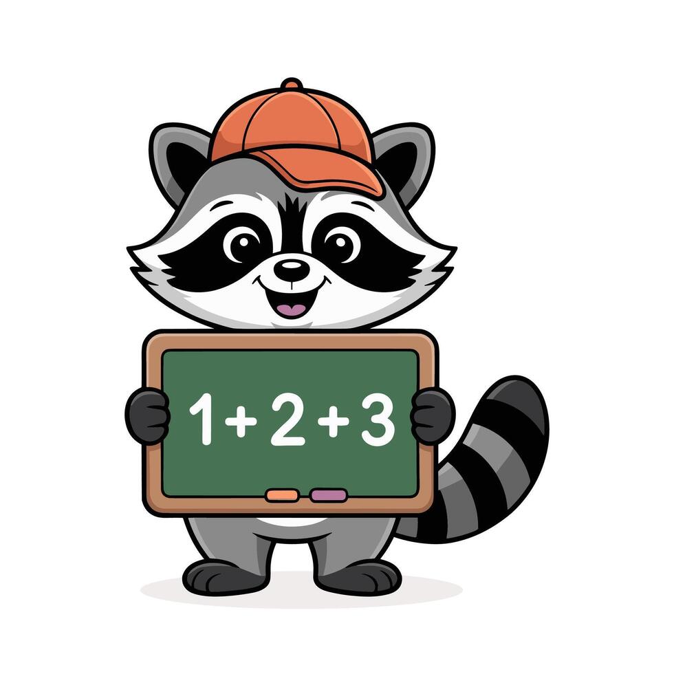Cute Cartoon Raccoon Learning Math with Chalkboard and Baseball Cap On white Background vector