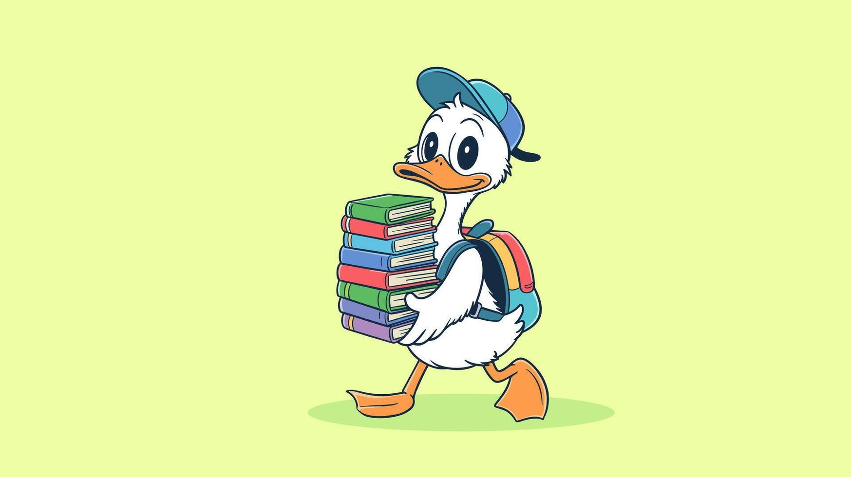 Cute Cartoon Duck Student Carrying Stack of Books for School with Solid background vector