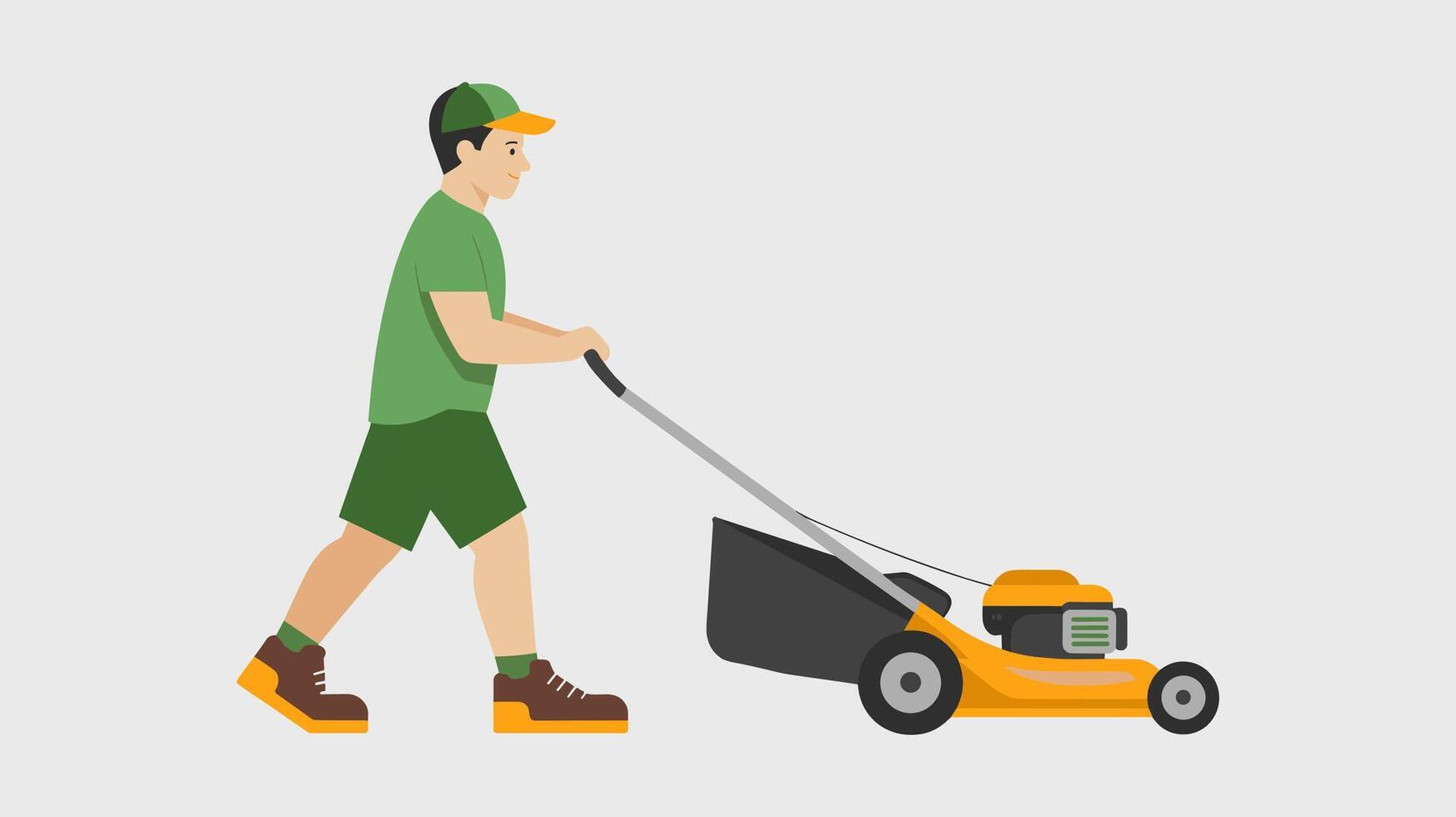 A Man Mowing Lawn with Push Mower Flat Style Illustration. vector