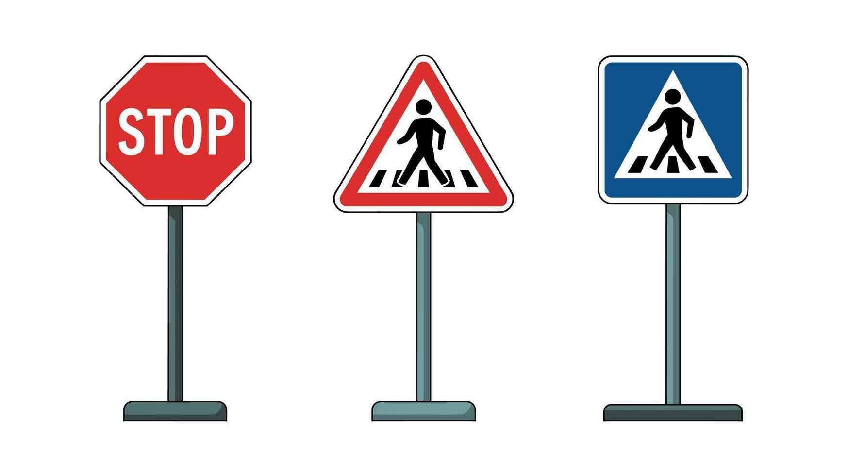 Set of traffic signs including stop, pedestrian warning, and information signs vector