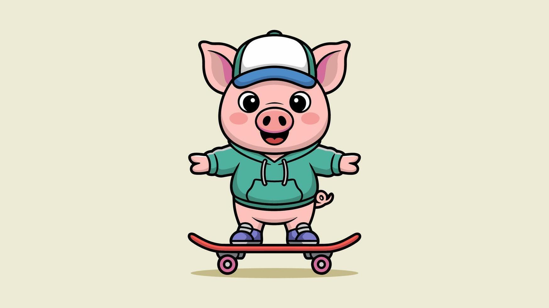 Cute Cartoon Pig Skater in a Hoodie With Solid Background. vector