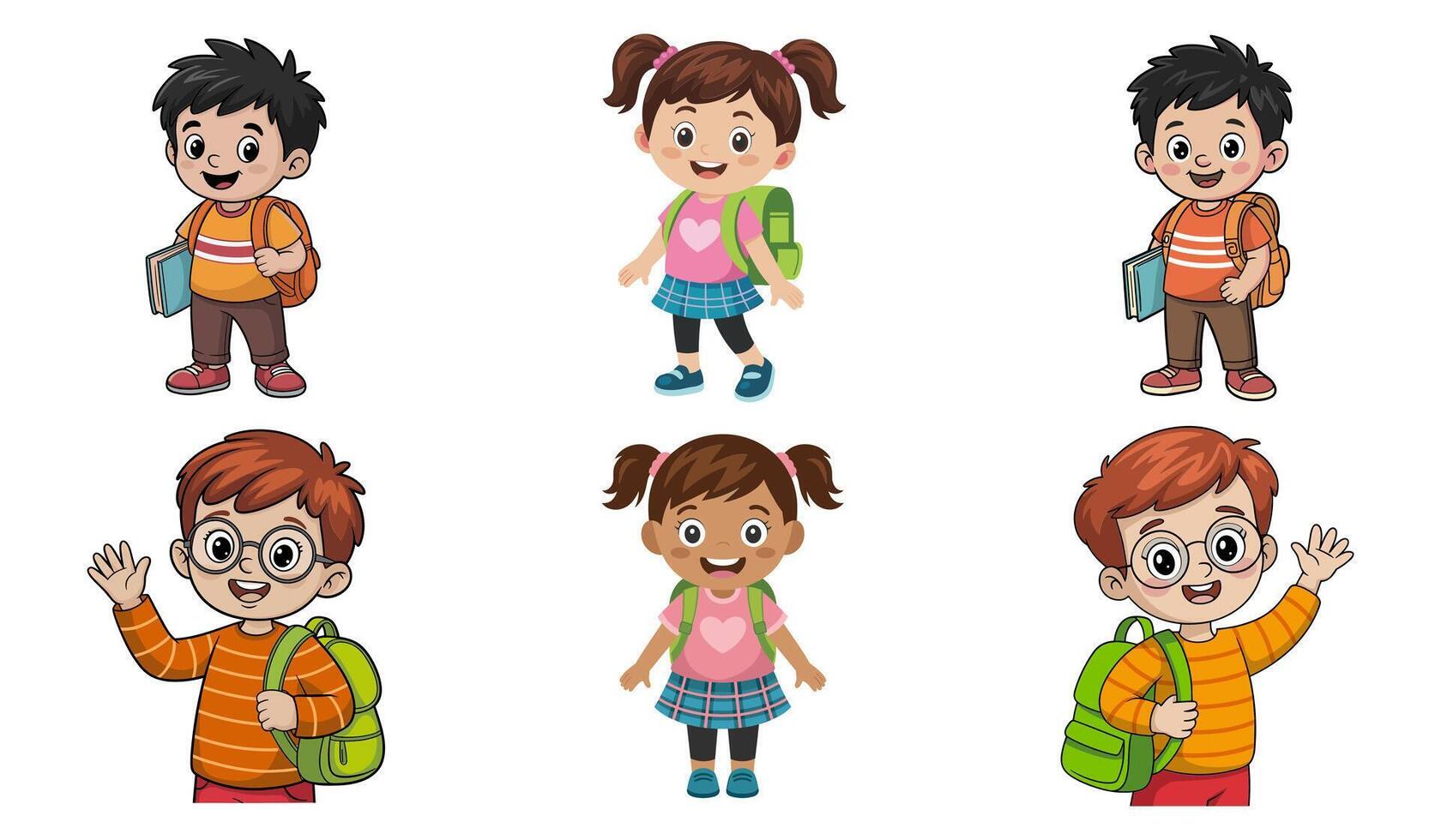 Set of happy cartoon school children with backpacks and books in cute outfits vector