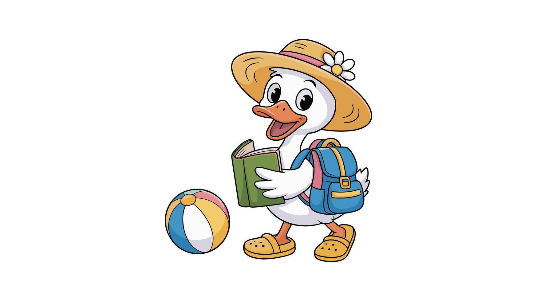 Cute Cartoon Duck Enjoying Summer Reading with Beach Ball and Backpack With White background vector