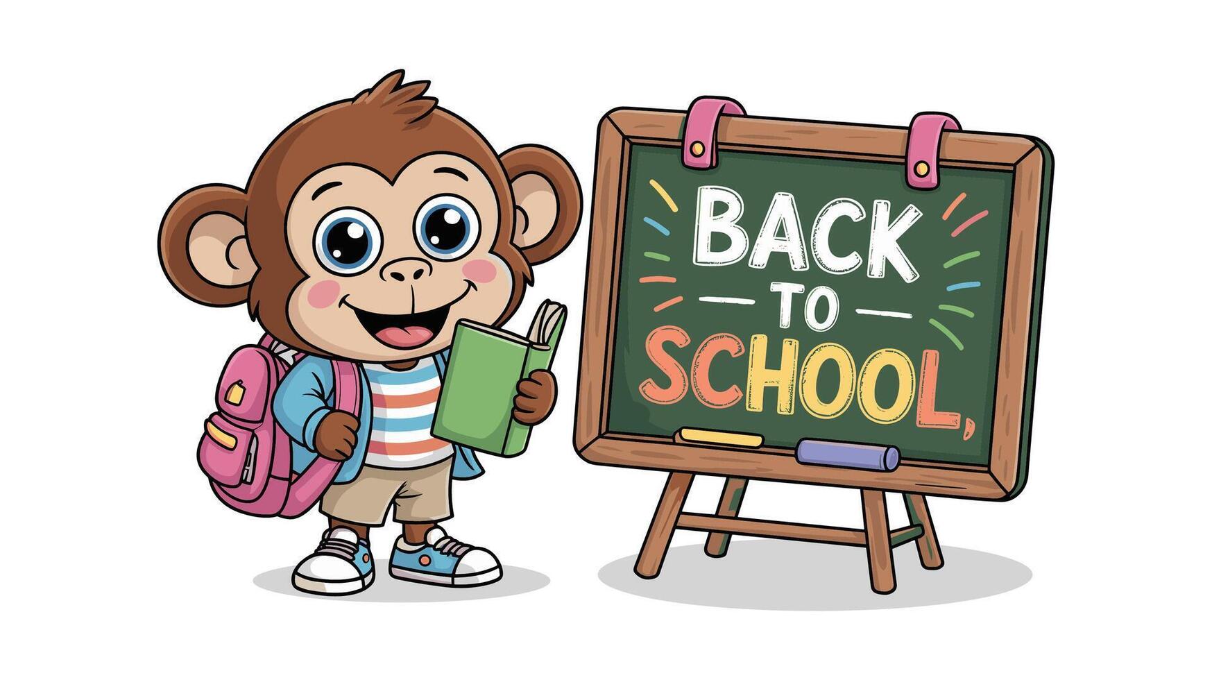 Adorable Cartoon Monkey Student with Backpack and Back to School Chalkboard vector